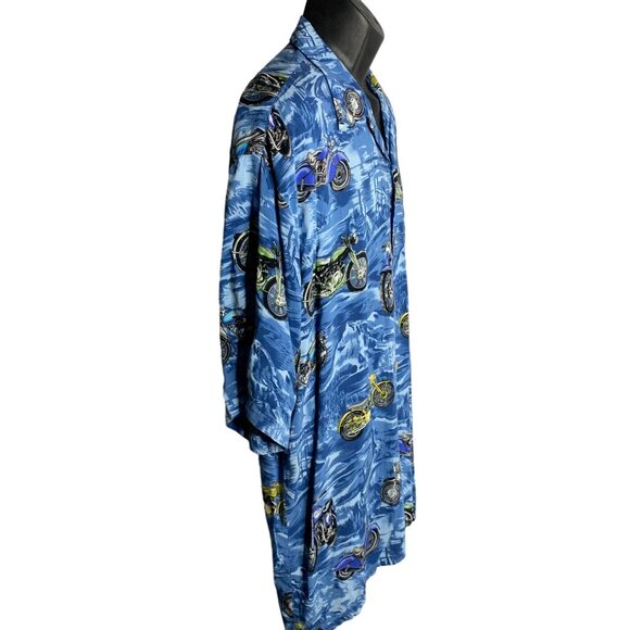 Vintage 90s Hawaiian Motorcycle Shirt XXL Blue Buttons Pocket Camp Short Sleeves - Picture 5 of 6